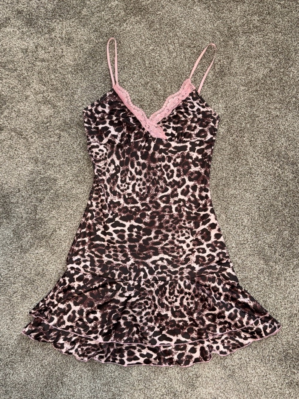 Leopard Print Slip Mini Dress with Pink Lace Trim